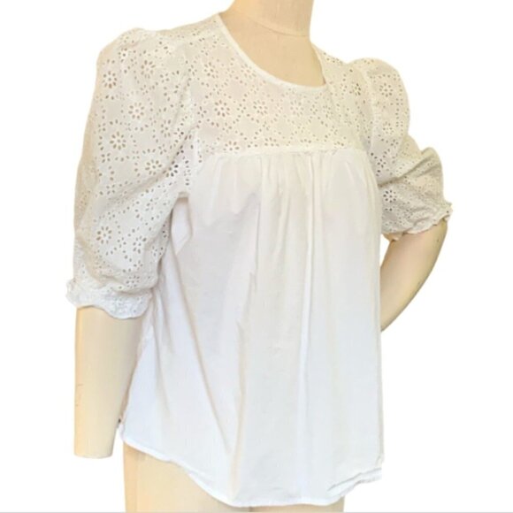 English Factory Puff Sleeve Blouse 100% Cotton White Eyelet Upper Sz XL 138L - Picture 3 of 8